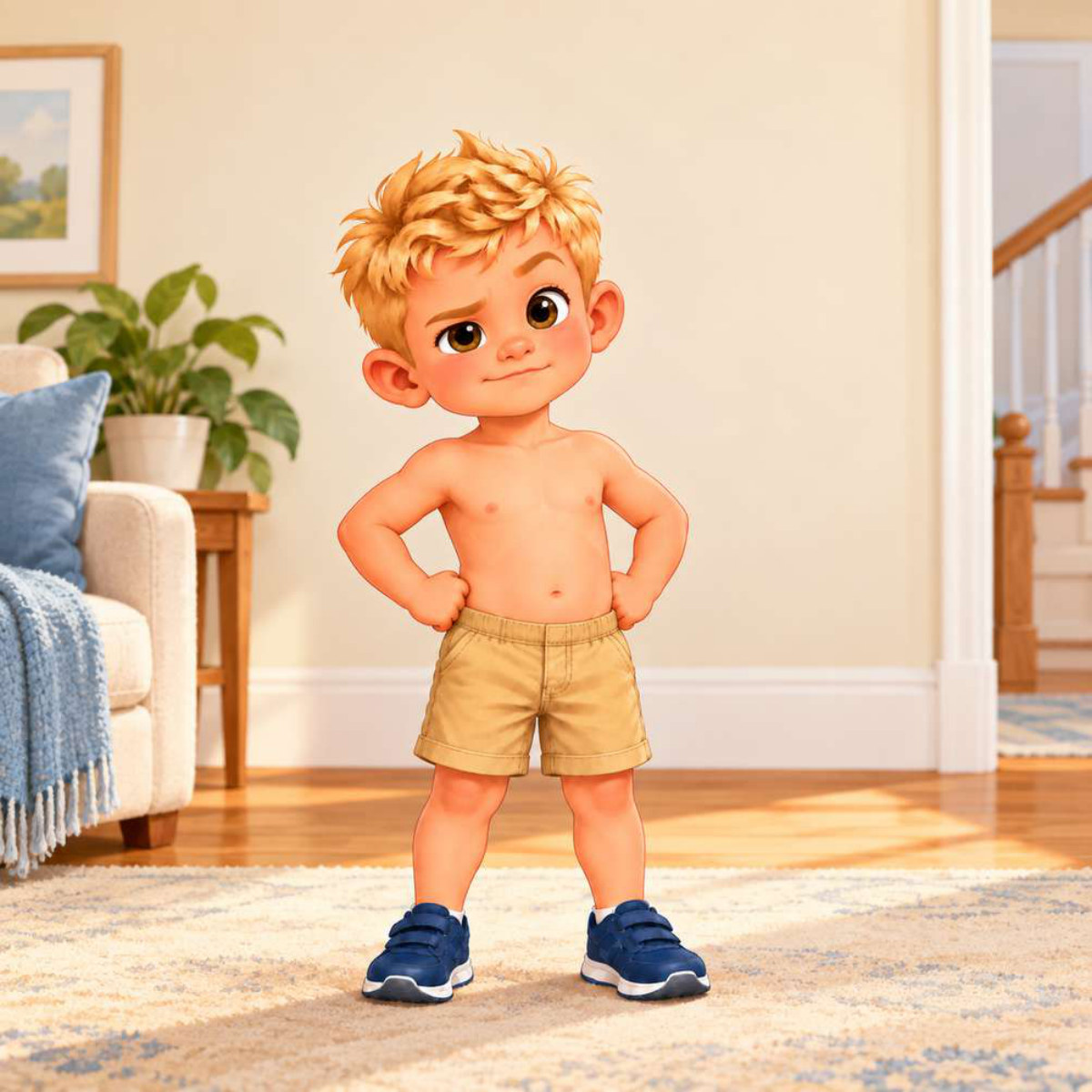 TyTy standing shirtless with hands on hips, ready to take on the day