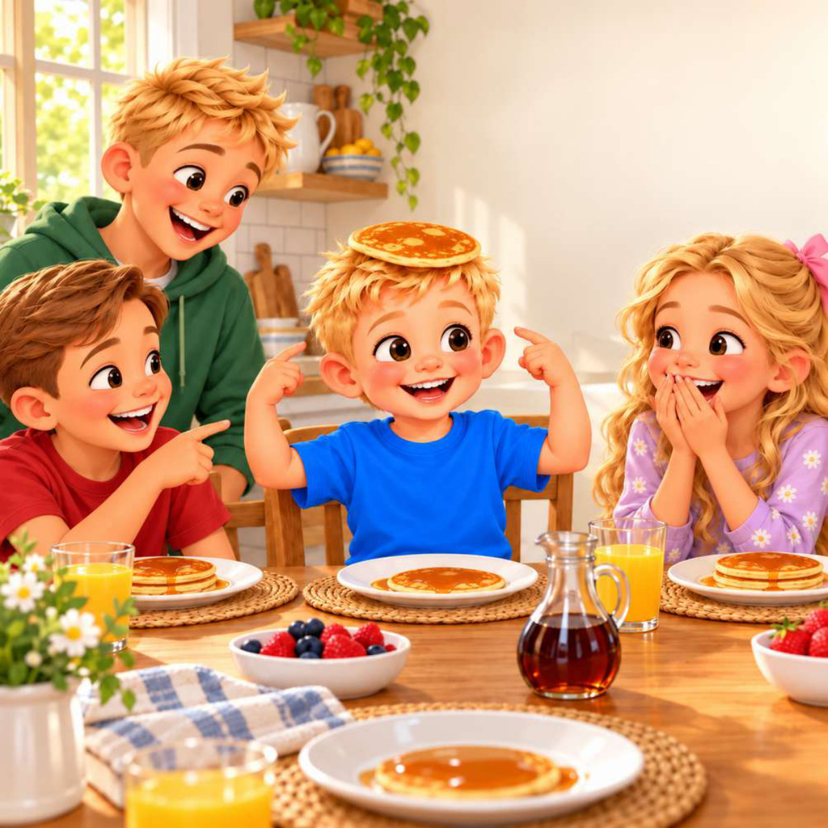 The family laughing at breakfast as TyTy wears a pancake hat