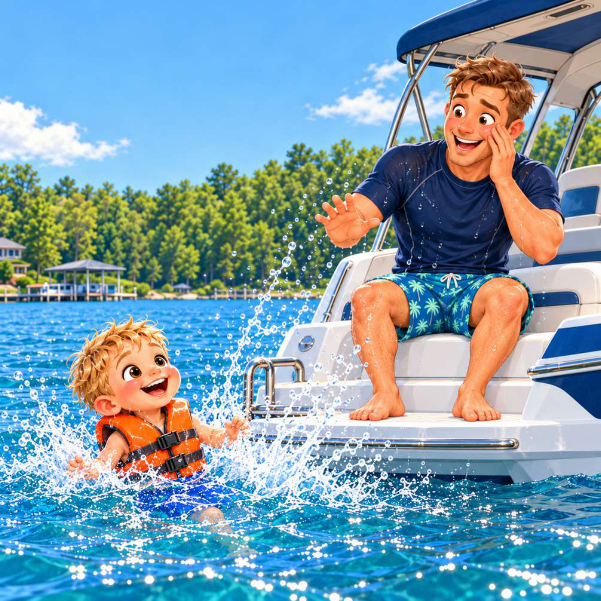 TyTy splashing in the lake beside the boat while Dad laughs