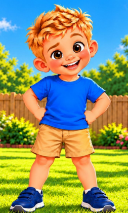 TyTy smiling in the sunny yard, wearing a blue T-shirt, tan shorts and blue sneakers
