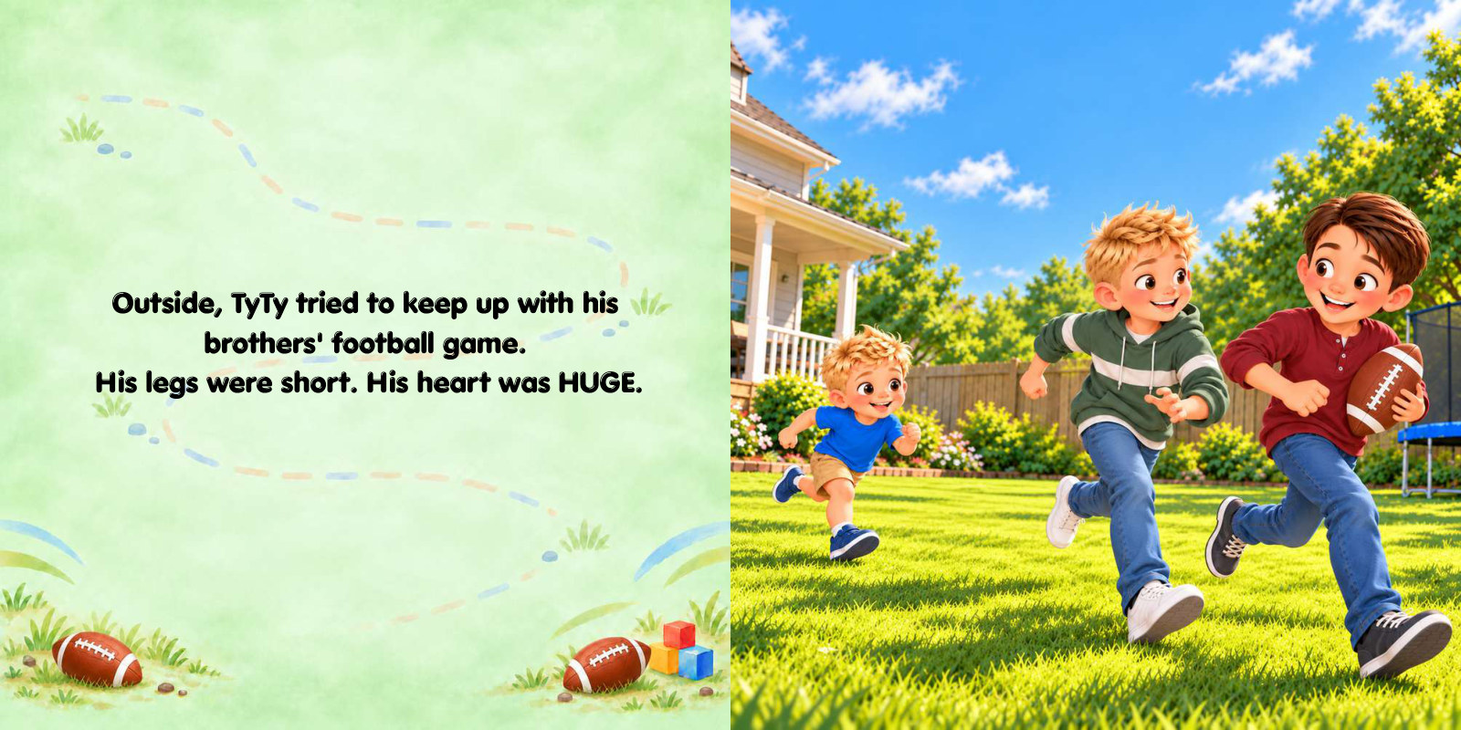 Inside spread: TyTy chases his brothers in a football game, with the story text beside it